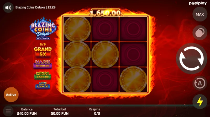 Blazing Coins Deluxe Skrini ya Mchezo wa Respin