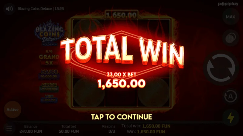 Blazing Coins Deluxe Jumla ya Ushindi wa Respin